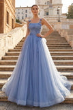 Blue Tulle Long A-Line Prom Dress Blue Spaghetti Straps Party Dress with Bow