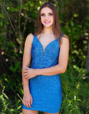 Sheath Blue Beaded Satin Plunging Short Homecoming Dress