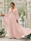Vestido de dama de honor de corte A/princesa, de gasa, con volantes, escote en V, mangas largas y cola larga, vestido para madre de la novia