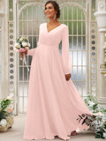A-Line/Princess Chiffon Ruched V-neck Long Sleeves Floor-Length Bridesmaid Dresses Mother of the Bride Dress
