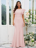 Sheath/Column Stretch Crepe Ruffles Scoop Short Sleeves Sweep/Brush Train Bridesmaid Dresses Evening Dress