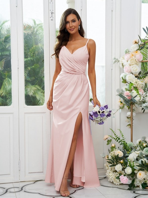A-Line/Princess Stretch Crepe Ruched V-neck Sleeveless Floor-Length Bridesmaid Dresses Evening Dress