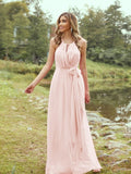 A-Line/Princess Chiffon Ruffles Halter Sleeveless Sweep/Brush Train Bridesmaid Dresses	Evening Prom Dress