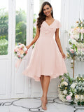 Vestido de dama de honor asimétrico de corte A/princesa, de gasa, con volantes, escote en V y mangas cortas, ideal para invitadas de boda y graduación.