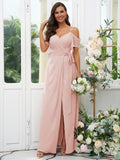 A-Line/Princess Chiffon Ruched V-neck Short Sleeves Floor-Length Bridesmaid Dresses Evening Dress
