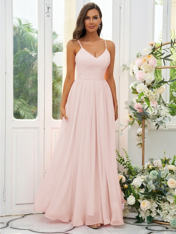 A-Line/Princess Chiffon Ruffles V-neck Sleeveless Floor-Length Bridesmaid Dresses Evening Dress