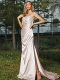 Sheath/Column Silk like Satin Ruched Sweetheart Sleeveless Sweep/Brush Train Bridesmaid Dresses Evening Dress