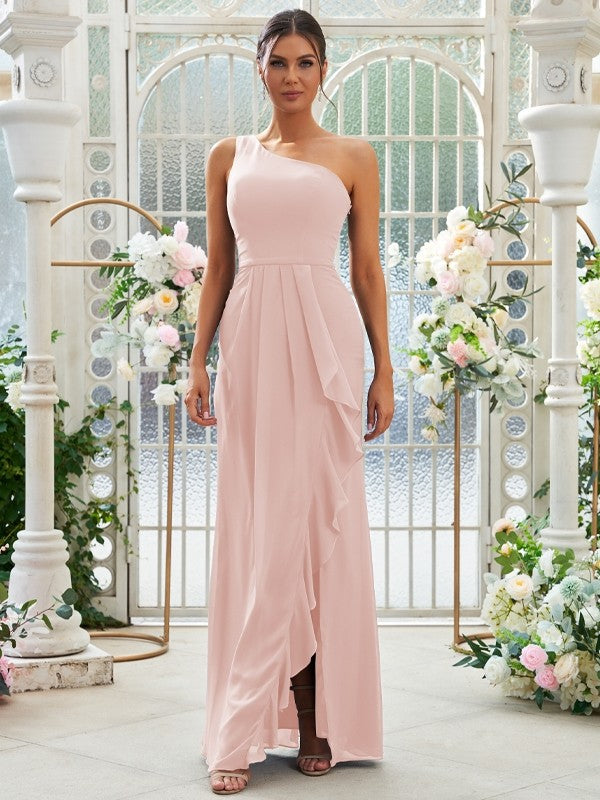 Sheath/Column Chiffon Ruffles One-Shoulder Sleeveless Floor-Length Bridesmaid Dresses Evening Prom Dress