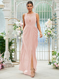 Sheath/Column Chiffon Ruched Scoop Sleeveless Floor-Length Bridesmaid Dresses Evening Dress
