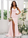 Sheath/Column Stretch Crepe Ruched V-neck Sleeveless Sweep/Brush Train Bridesmaid Dresses Evening Dress