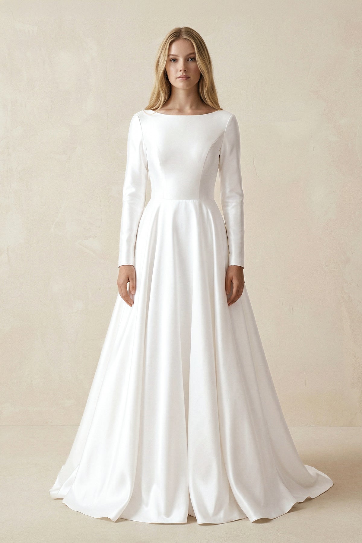 Vintage Satin A-Line Bateau Neckline Long Sleeves Bridal Gown Wedding Dresses