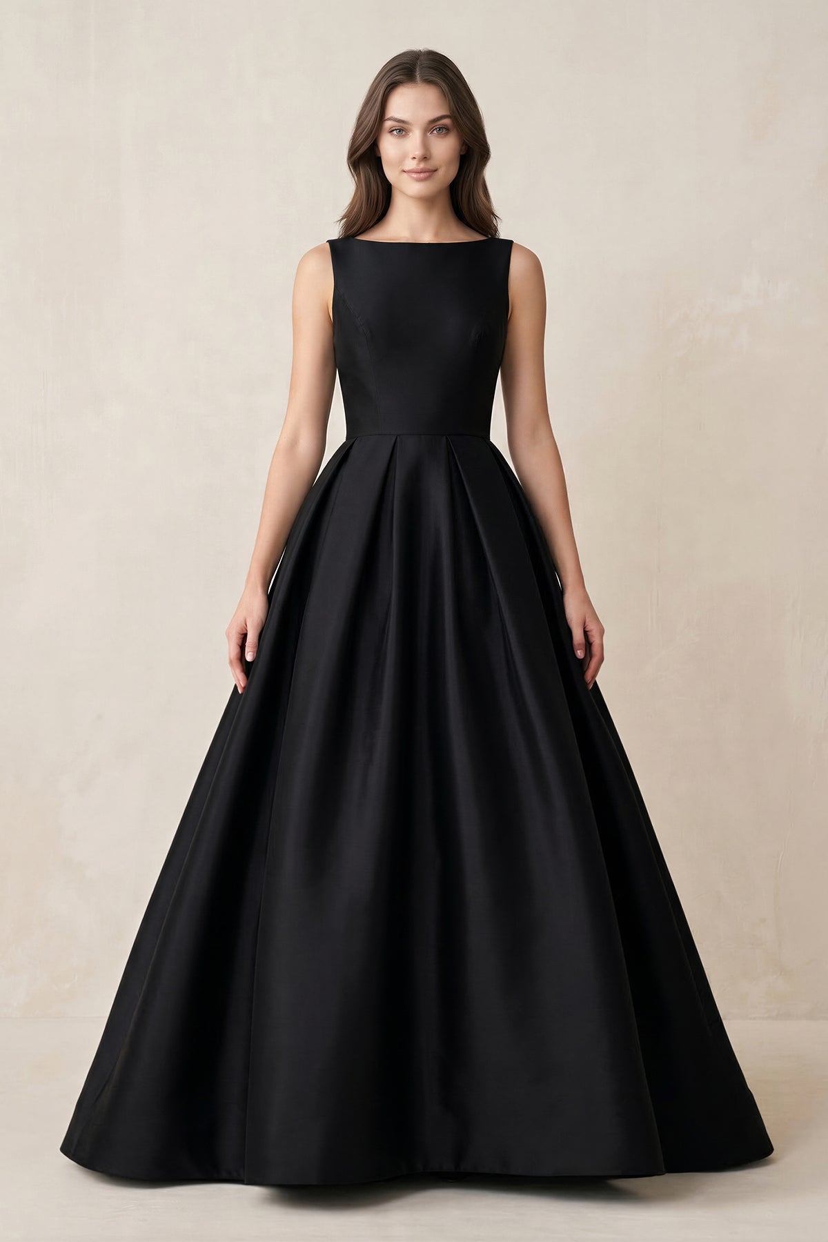 Boat Neck Satin A-Line Open Back Wedding Dress in Black