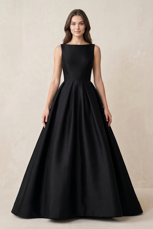 Boat Neck Satin A-Line Open Back Wedding Dress in Black