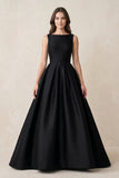 Boat Neck Satin A-Line Open Back Wedding Dress in Black