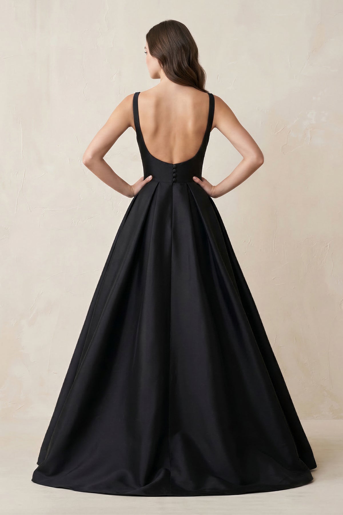 Boat Neck Satin A-Line Open Back Wedding Dress in Black