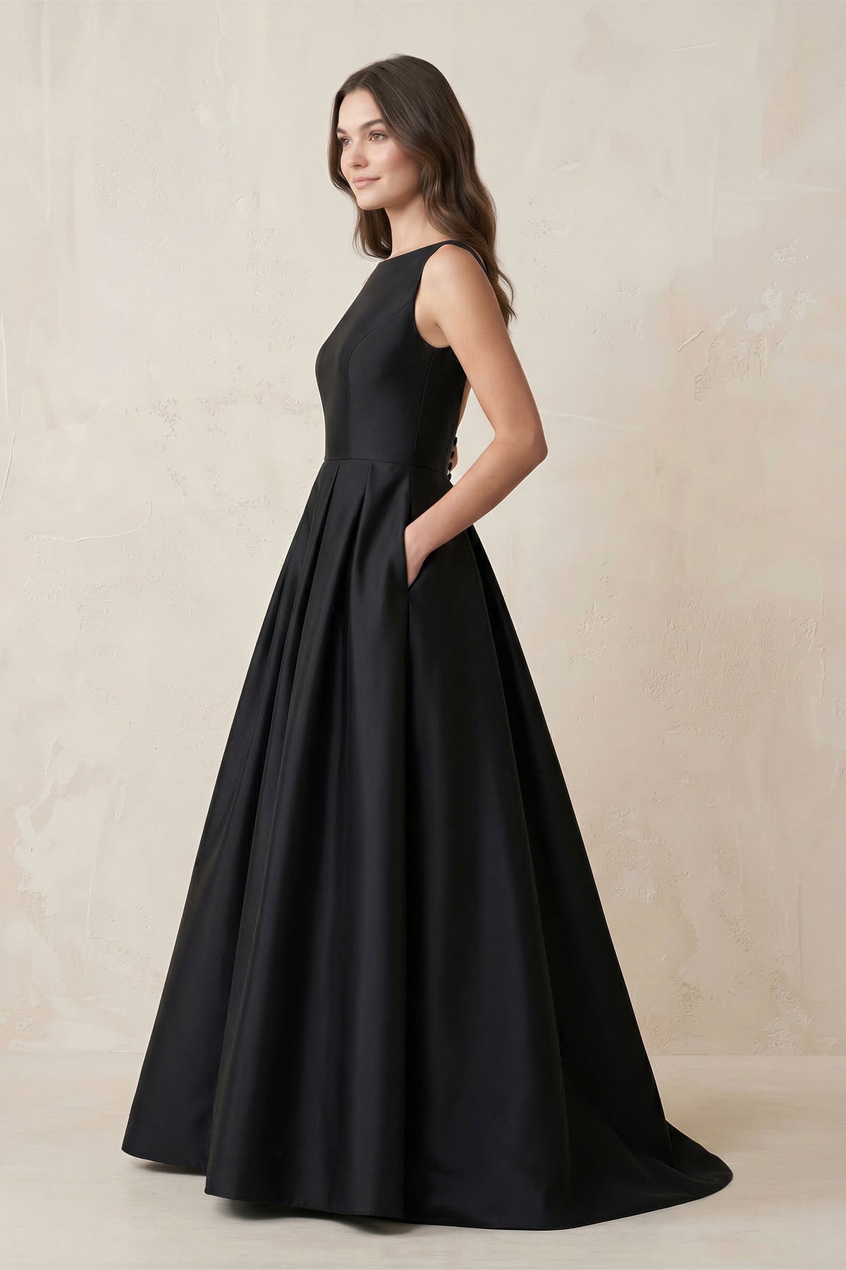 Boat Neck Satin A-Line Open Back Wedding Dress in Black