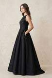 Boat Neck Satin A-Line Open Back Wedding Dress in Black