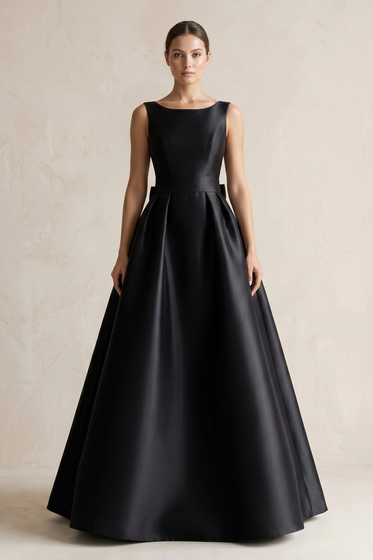 Boat Neck Satin A-Line Wedding Dress with Bow in Black