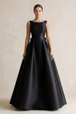 Boat Neck Satin A-Line Wedding Dress with Bow in Black