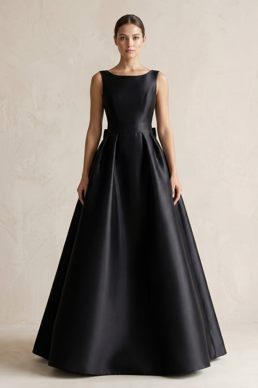 Boat Neck Satin A-Line Wedding Dress with Bow in Black