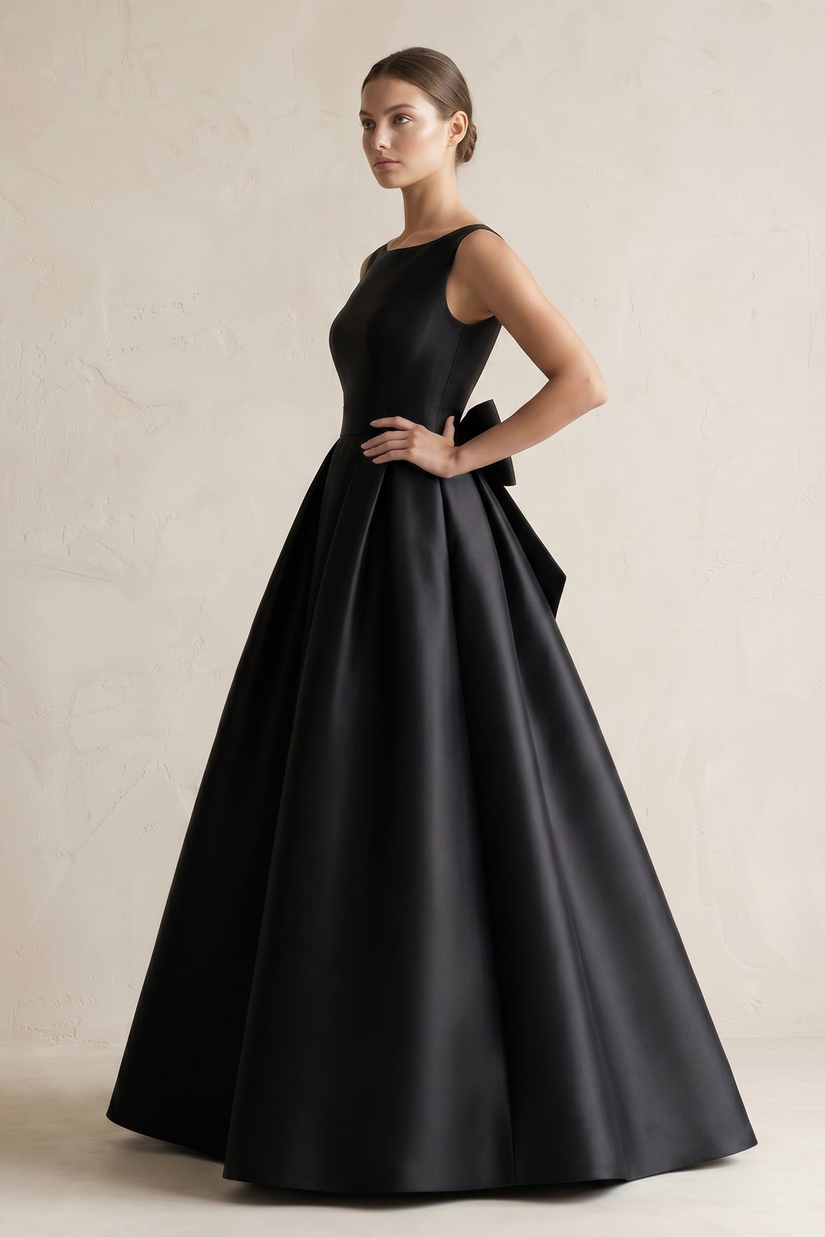 Boat Neck Satin A-Line Wedding Dress with Bow in Black
