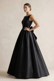 Boat Neck Satin A-Line Wedding Dress with Bow in Black