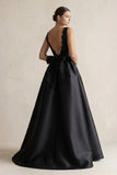 Boat Neck Satin A-Line Wedding Dress with Bow in Black