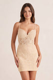 Bodycon Champagne Spaghetti Straps Tight Short Homecoming Dress with Appliques