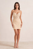 Bodycon Champagne Spaghetti Straps Tight Short Homecoming Dress with Appliques