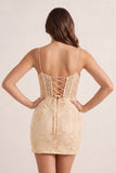 Bodycon Champagne Spaghetti Straps Tight Short Homecoming Dress with Appliques