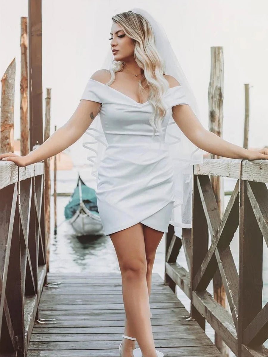 Sheath Off-the Shoulder Satin Simple Wedding Dress Sleeveless Short Hemline