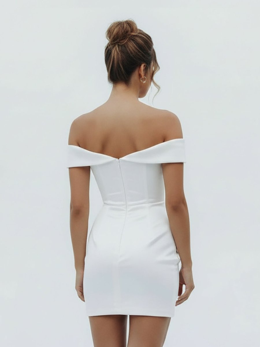Sheath Off-the Shoulder Satin Simple Wedding Dress Sleeveless Short Hemline
