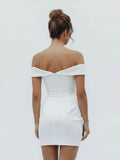 Sheath Off-the Shoulder Satin Simple Wedding Dress Sleeveless Short Hemline