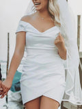 Sheath Off-the Shoulder Satin Simple Wedding Dress Sleeveless Short Hemline