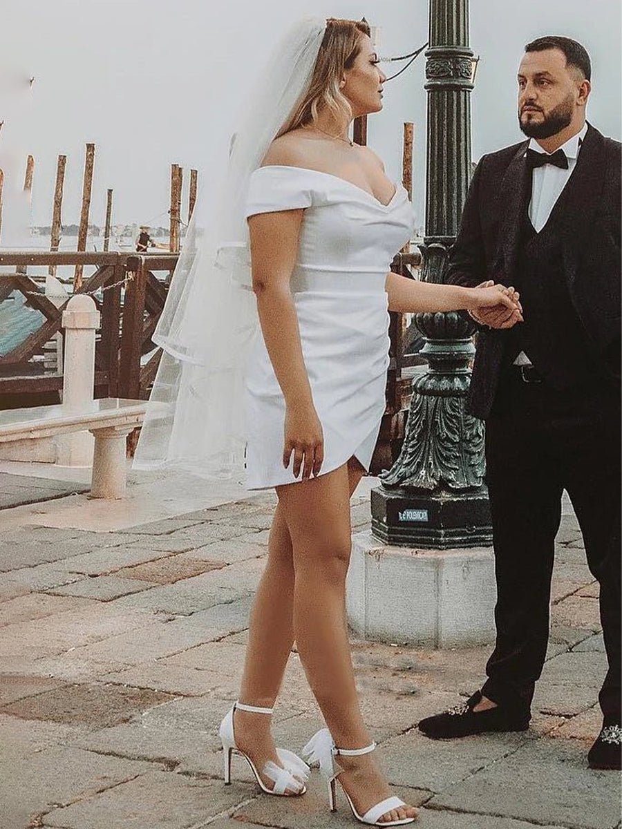 Sheath Off-the Shoulder Satin Simple Wedding Dress Sleeveless Short Hemline