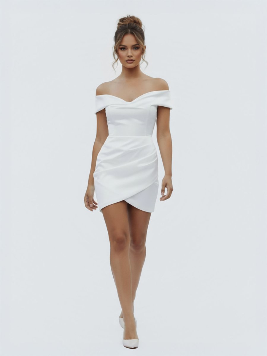 Sheath Off-the Shoulder Satin Simple Wedding Dress Sleeveless Short Hemline