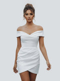 Sheath Off-the Shoulder Satin Simple Wedding Dress Sleeveless Short Hemline