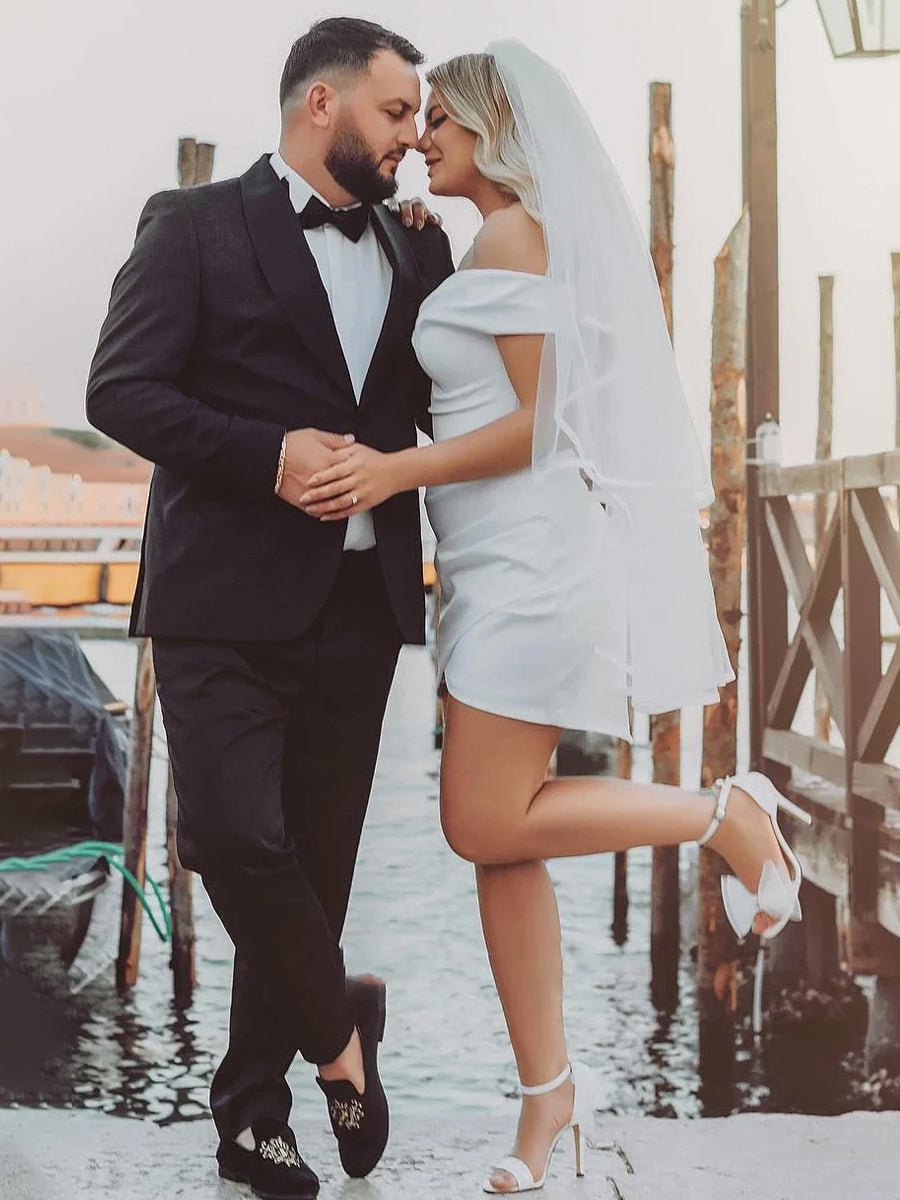 Sheath Off-the Shoulder Satin Simple Wedding Dress Sleeveless Short Hemline