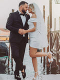 Sheath Off-the Shoulder Satin Simple Wedding Dress Sleeveless Short Hemline