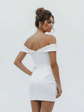 Sheath Off-the Shoulder Satin Simple Wedding Dress Sleeveless Short Hemline