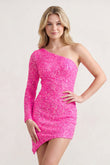 Fuchsia Bodycon One Shoulder Tassel Back Mini Party Dresses