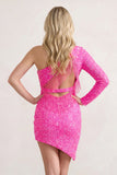 Fuchsia Bodycon One Shoulder Tassel Back Mini Party Dresses