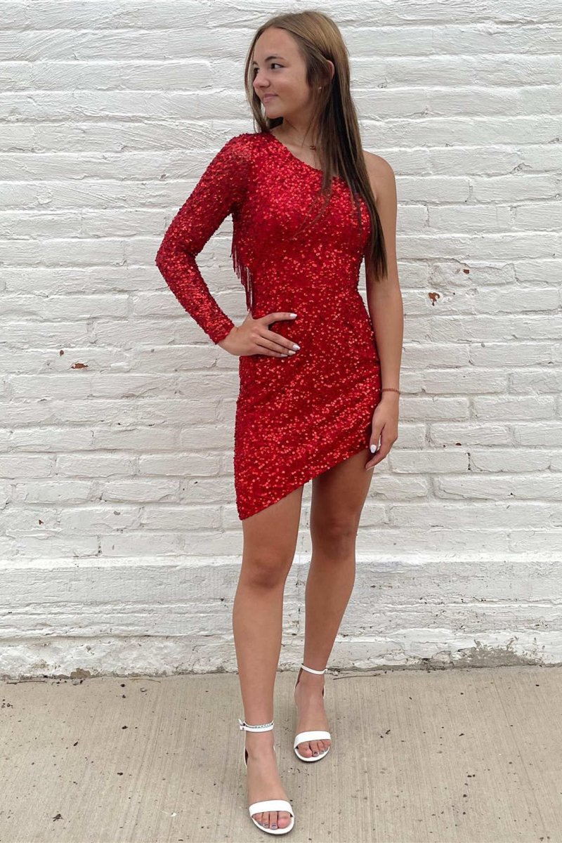 Fuchsia Bodycon One Shoulder Tassel Back Mini Party Dresses