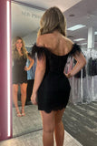 Bodycon Sweetheart Black Lace Short Homecoming Dresses with Feather