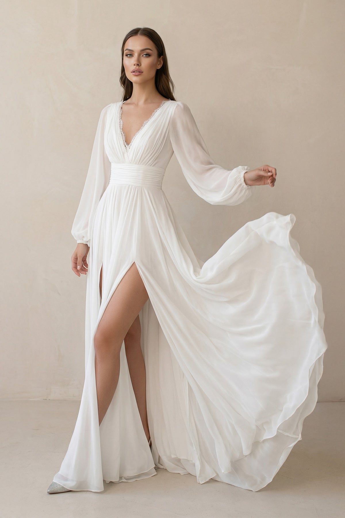 Boho A-Line White V Neck Long Sleeve Wedding Dress
