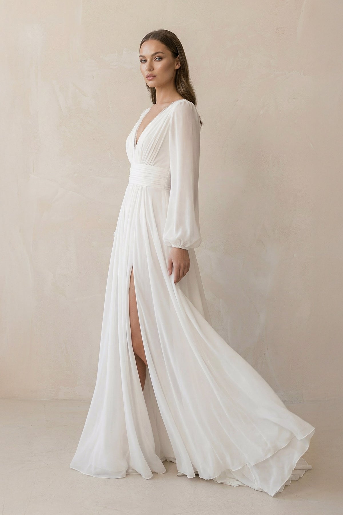 Boho A-Line White V Neck Long Sleeve Wedding Dress