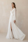 Boho A-Line White V Neck Long Sleeve Wedding Dress