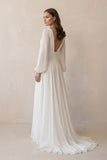 Boho A-Line White V Neck Long Sleeve Wedding Dress