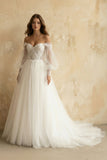 Boho A-Line Wedding Dresses Detachable Long Puff Sleeve