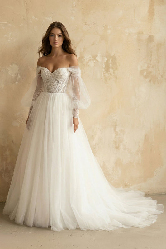 Boho A-Line Wedding Dresses Detachable Long Puff Sleeve